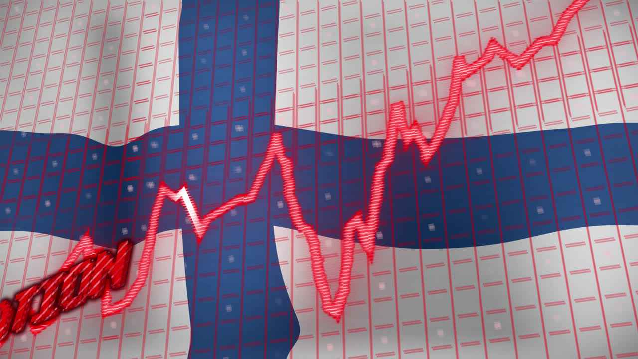 Animation von Datenverarbeitung und Inflationstext über der Flagge Finnlands.