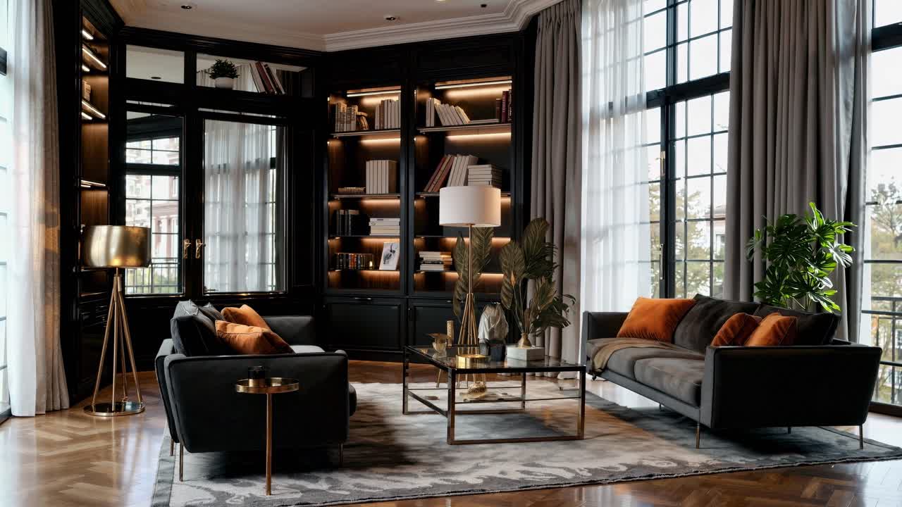 Salón de lujo con decoración moderna, con grandes ventanales y muebles elegantes