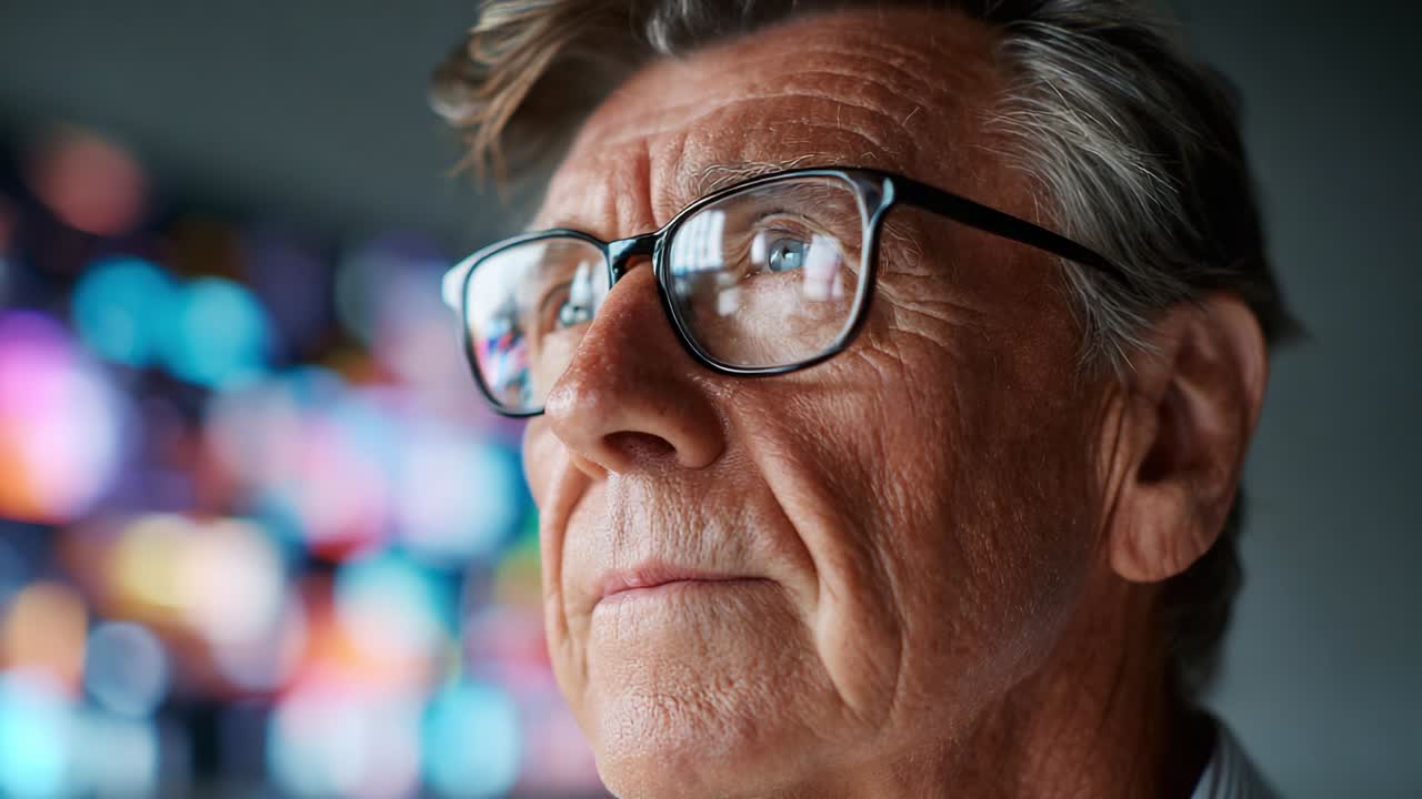 A contemplative older man gazes thoughtfully into the distance, his expression reflecting wisdom and experience, framed by a backdrop of vibrant colors and abstract shapes, evoking intrigue and curiosity