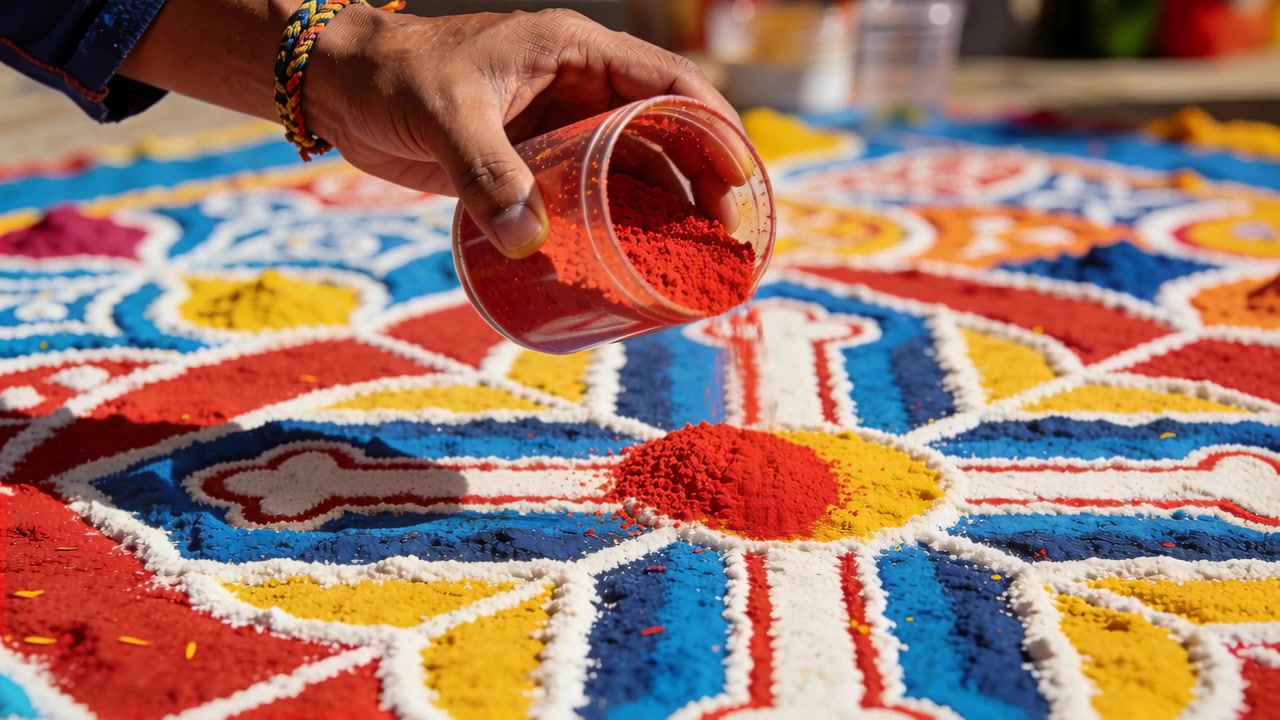 Mano che tiene una tazza inclinata, versando polvere rossa al centro di un rangoli, riempiendo il centro, manica blu scuro