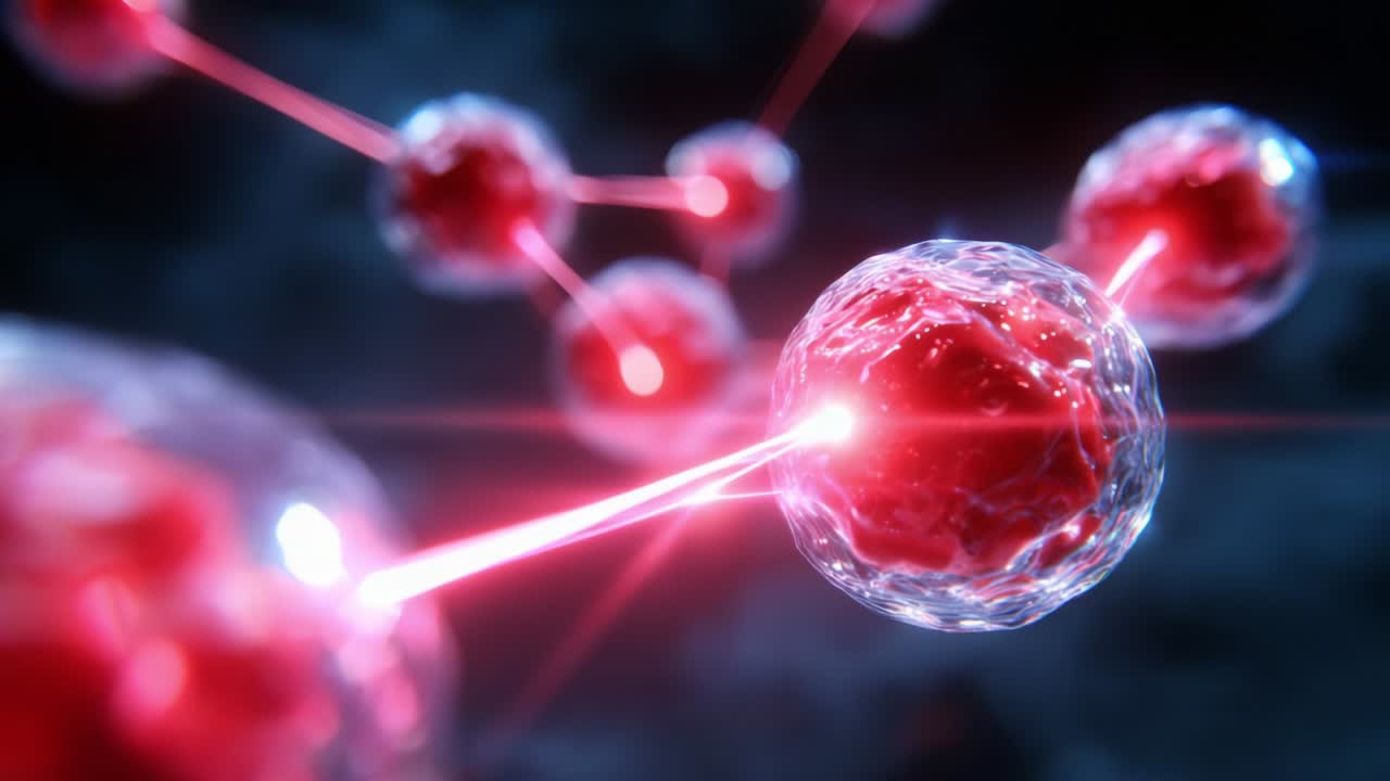 A Dynamic Representation of Microscopic Cellular Interactions: An Exploration of Radiant Red Cells Communicating Through Energy Transfers in a Mystical Dark Background, Showcasing the Intricacies of Cellular Biophysics