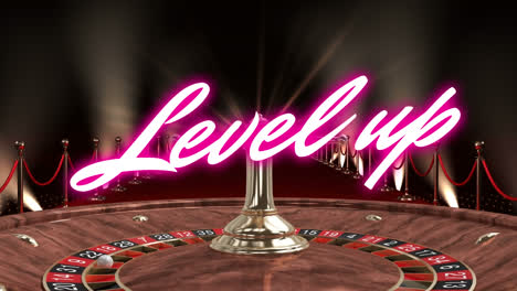 animación de texto de nivel de neón sobre el fondo de la ruleta de casino
