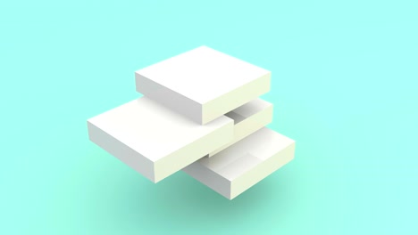 assembling white platforms into 3d cube footage. moving rectangular isometric blocks isolated in turquoise background. dynamic animation. geometric shapes motion in different directions 4k video