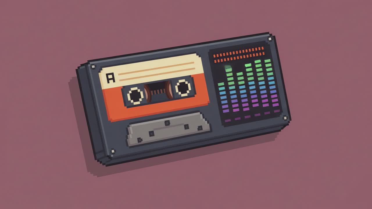 Una rappresentazione in pixel art retrò di un registratore a cassette con equalizzatore colorato e cassetta, che evoca nostalgia per la tecnologia audio classica e la cultura musicale.