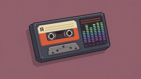 a retro pixel art representation of a tape deck with colorful equalizer and cassette, evoking nostalgia for classic audio technology and musical culture