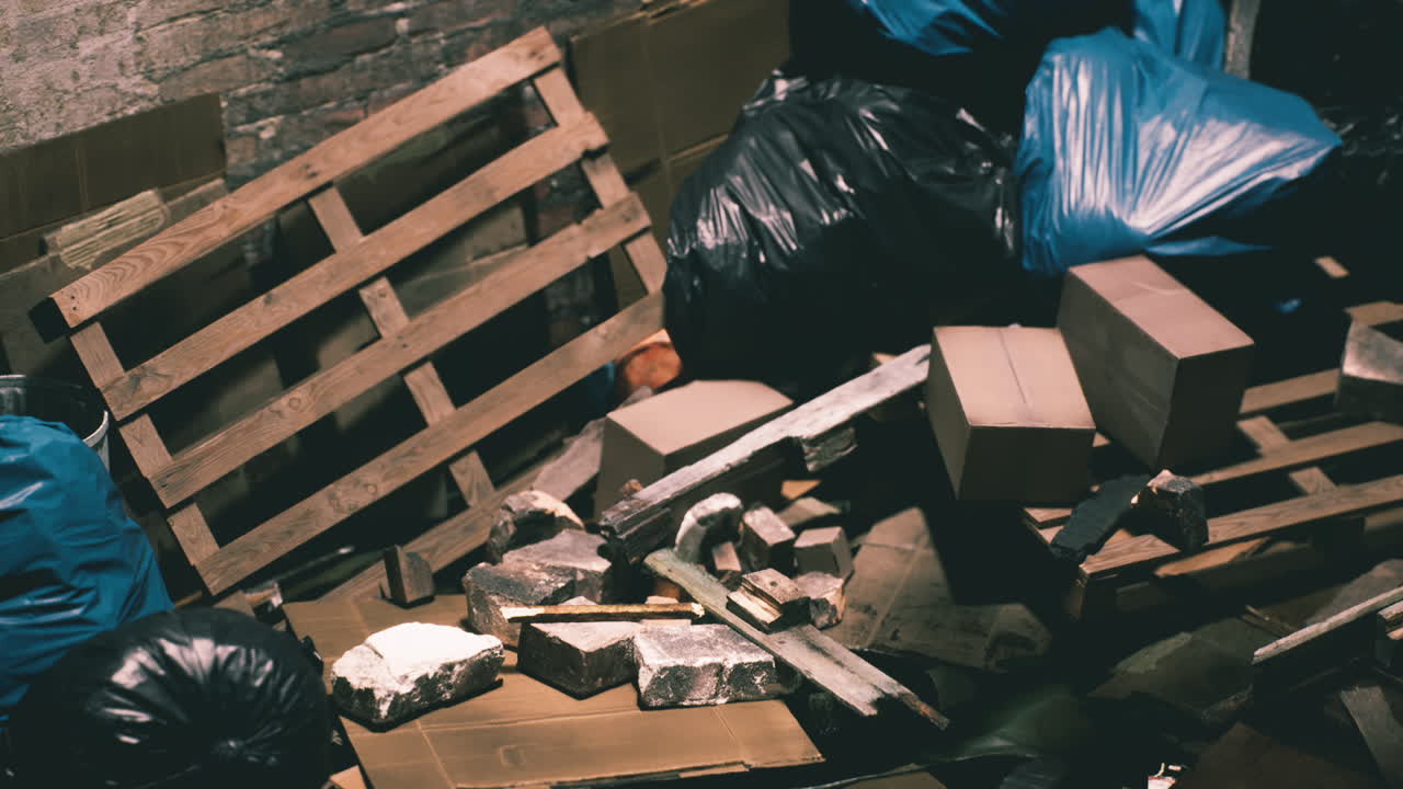 Pile of discarded materials in a dark indoor space