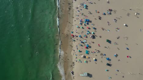 turistas nadando tranquilamente, relajándose y tomando el sol en la playa en verano