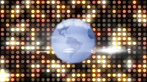 animación de un globo giratorio con luces de lente sobre círculos contra un fondo negro
