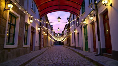romantic evening alleyway with string lights