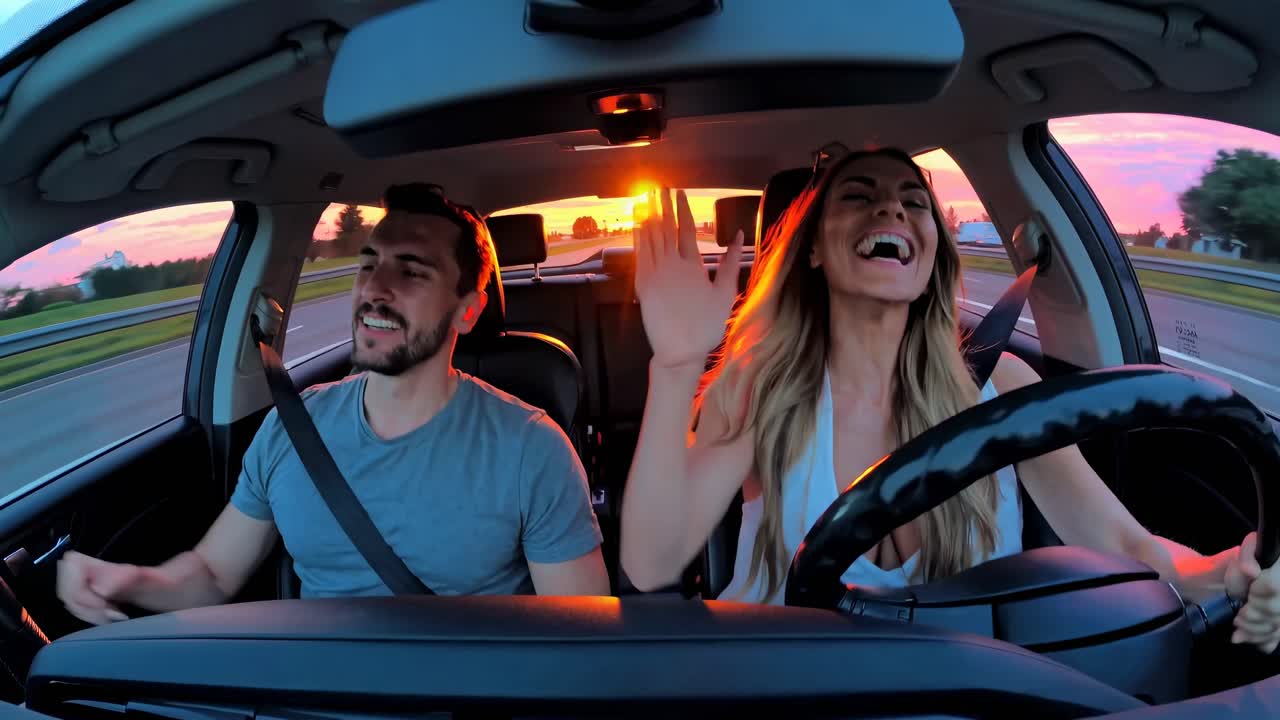 A joyful couple drives at sunset, captured from a wide-angle dashboard view, creating a vibrant