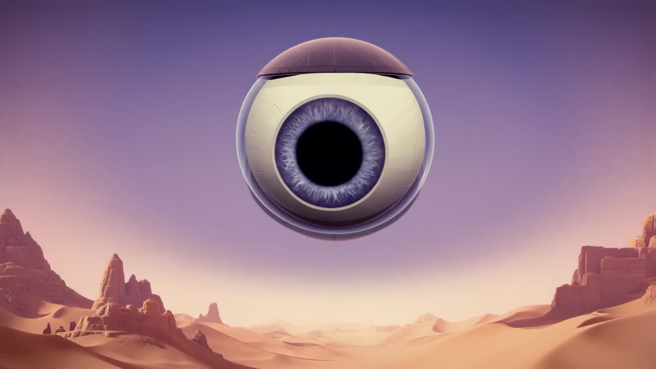 Giant Floating Eyeball in a Surreal Desert Landscape