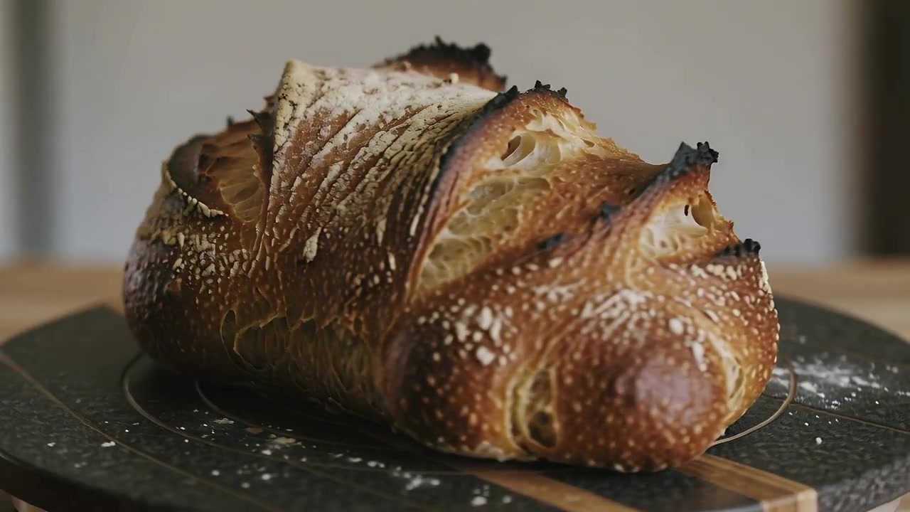 Panning camera revealing sourdough on round board in kitchen, showing floured crust and crumb