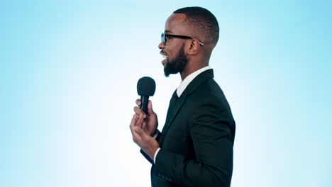 microphone, reporter and profile of black man