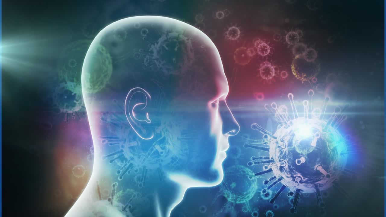 Animazione di una scansione del corpo umano con virus, DNA ed elaborazione di dati scientifici su un'interfaccia digitale.