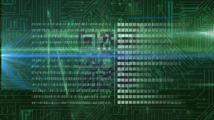 Animation of data processing over glowing computer circuit board