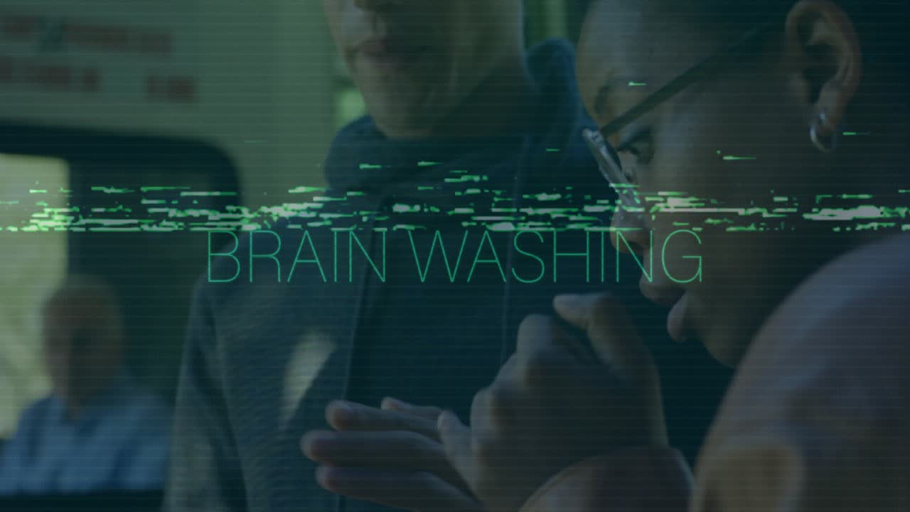 Green glitch washing phone screen, revealing BRAIN WASHING text while riders reacting with concern