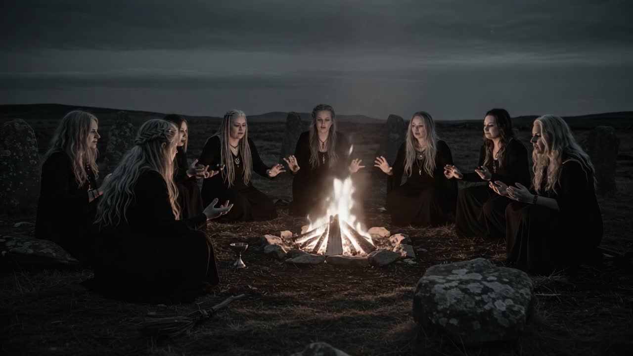 A Mysterious Gathering: Eight Figures in Black Attire Circle Around a Flickering Fire, Engaging in Enigmatic Rituals Under a Brooding Sky