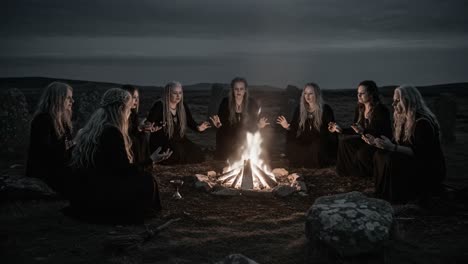 a mysterious gathering: eight figures in black attire circle around a flickering fire, engaging in enigmatic rituals under a brooding sky