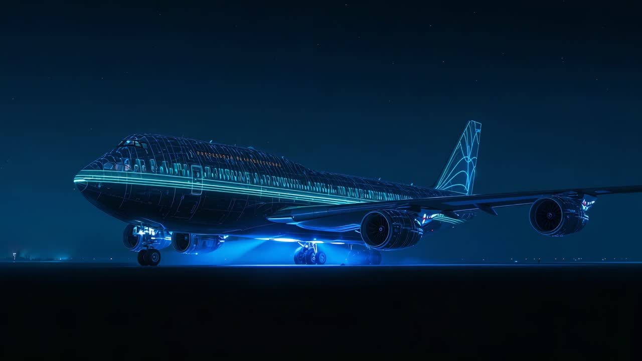 Blue ground lights activating, revealing 4-engine widebody jet on night apron, showing landing gear