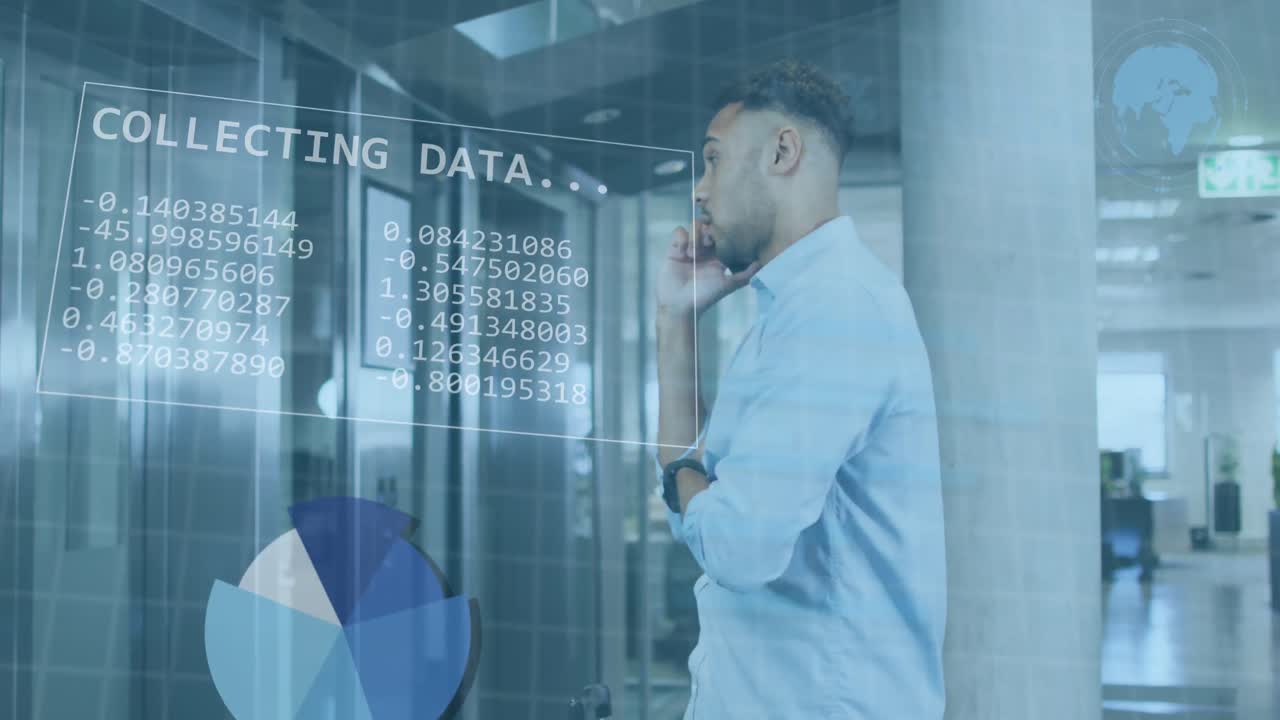 animación del procesamiento de datos financieros sobre un hombre de negocios biracial que usa el teléfono