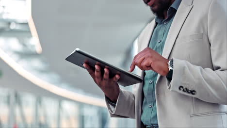 tablet, business man and hands in office with web