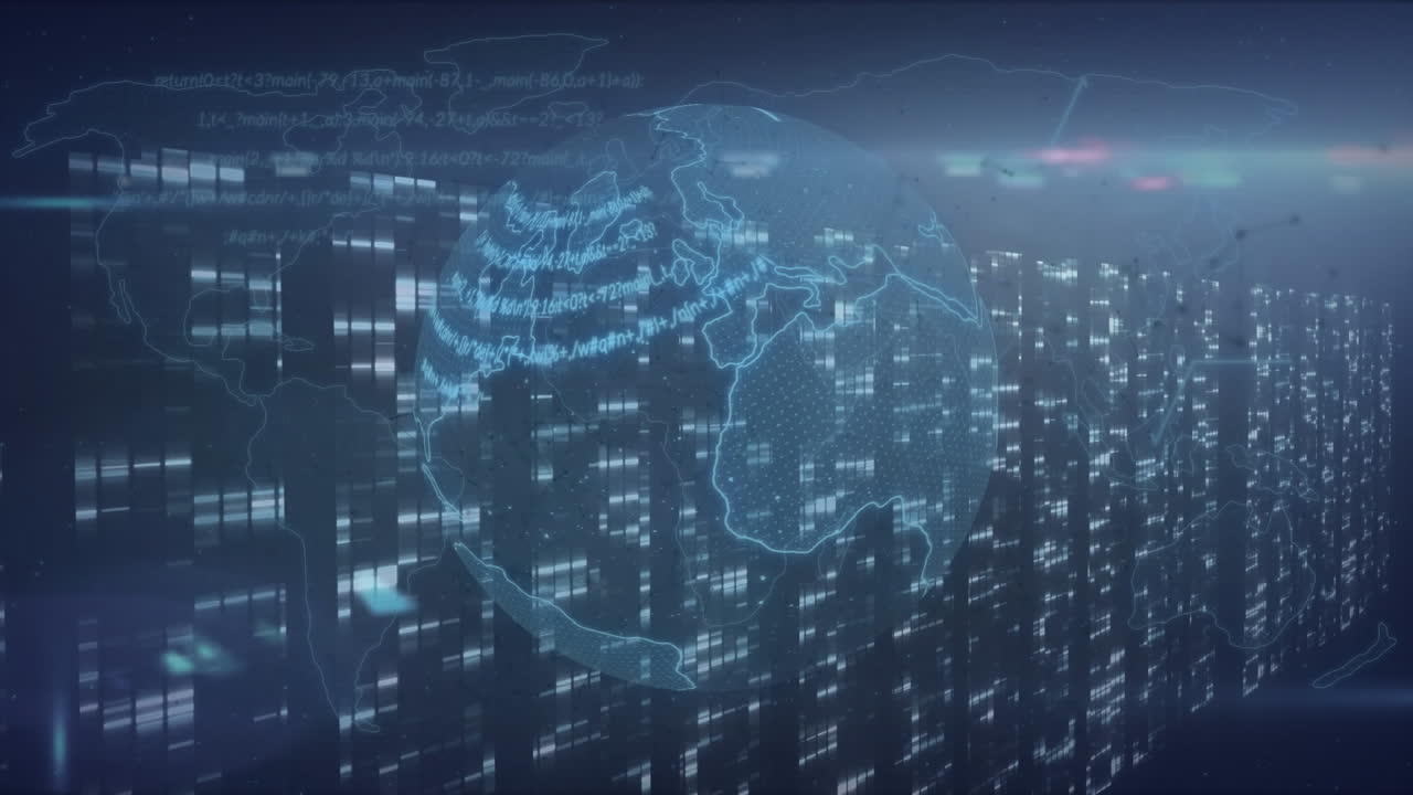 Animation of globe and data processing over computer servers