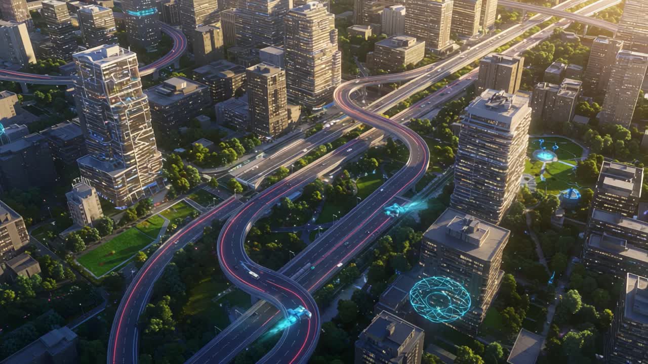 Aerial View of Modern Urban Landscape with Lively Highways and Skyscrapers, Showcasing Vibrant City Life and Innovative Infrastructure in a Dynamic Setting