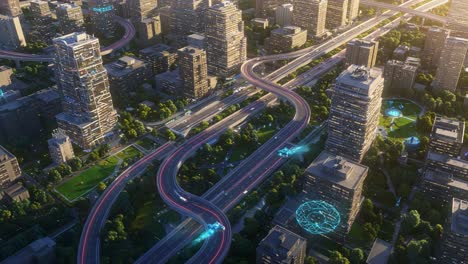 aerial view of modern urban landscape with lively highways and skyscrapers, showcasing vibrant city life and innovative infrastructure in a dynamic setting