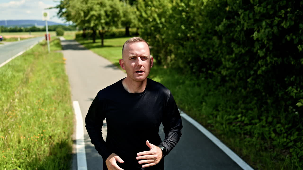 Homem corredor atlético, forte e saudável ao ar livre. Jovem em uma corrida matinal em um dia ensolarado. Treino cardiovascular ao ar livre. Estilo de vida saudável. Homem de shorts pretos e camiseta.