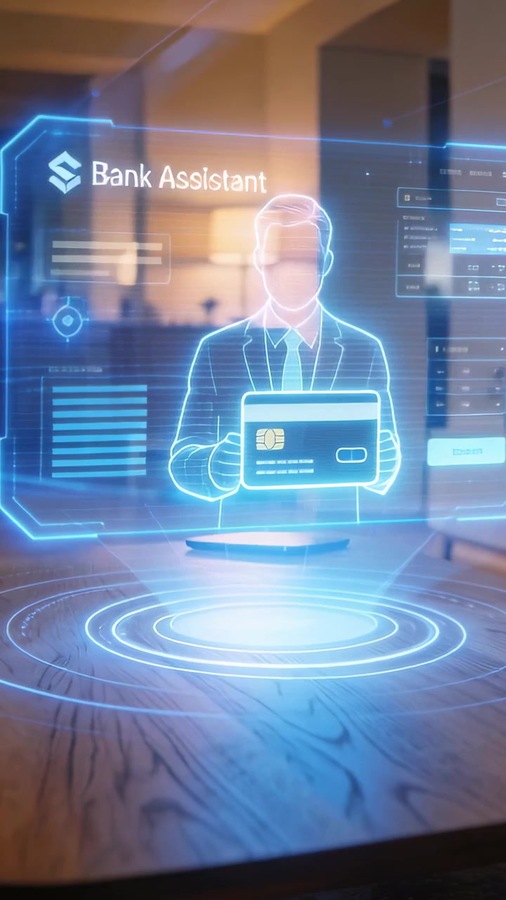 Vertical video: Pulsing ring calling suited bank avatar in kitchen, holding card to show accounts
