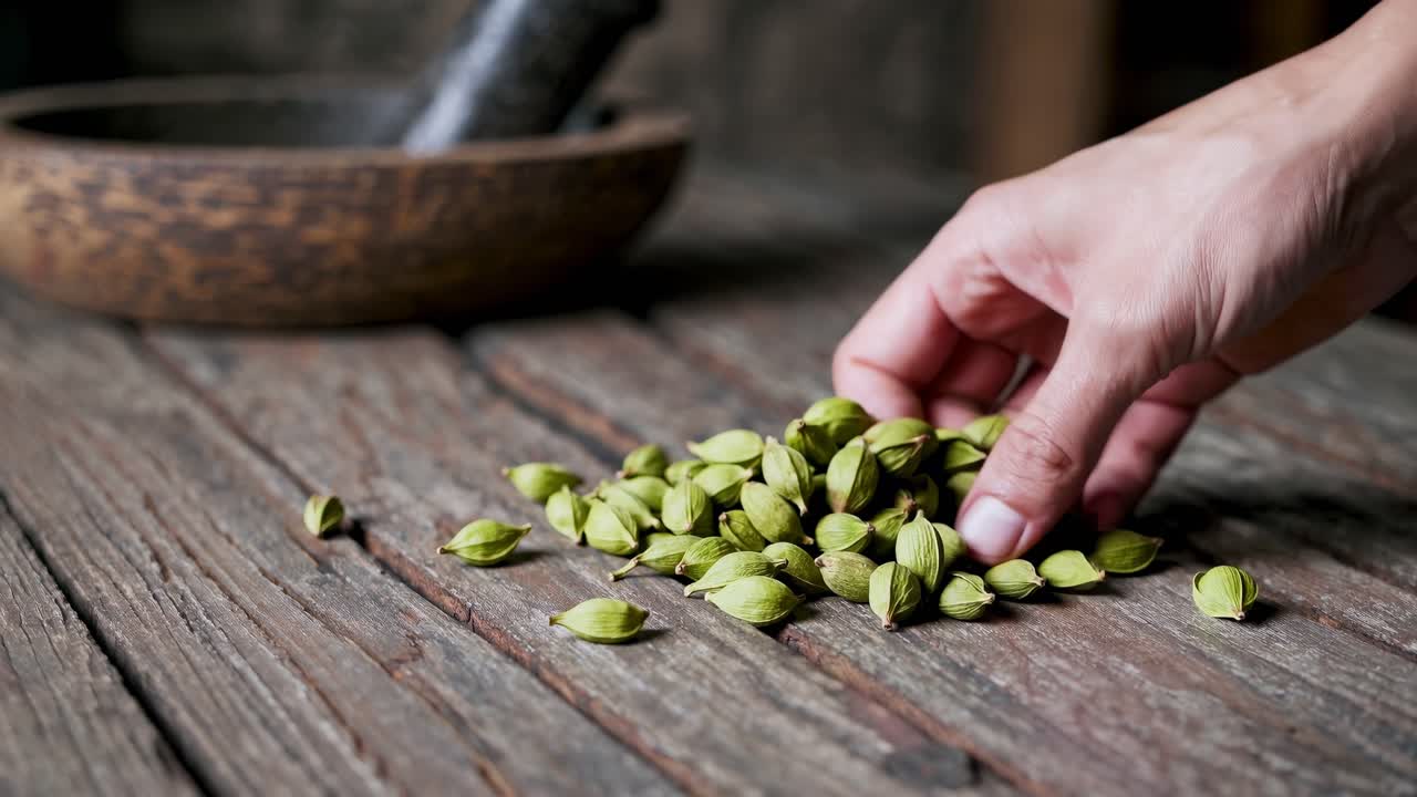 Primo piano di una mano che raccoglie baccelli di cardamomo verde su un tavolo rustico di legno
