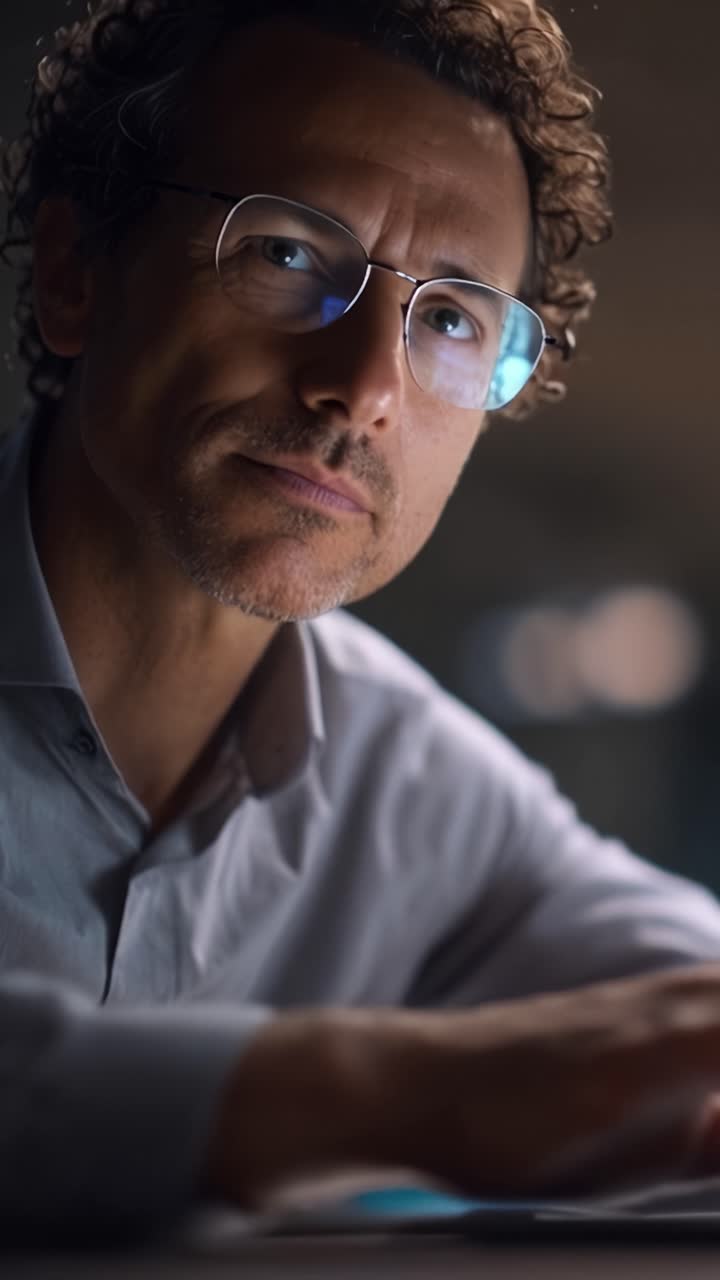 Homem concentrado trabalhando com um computador, cercado por um brilho suave da tecnologia e profundidade de campo, exibindo intensa concentração e engajamento em um ambiente pouco iluminado.