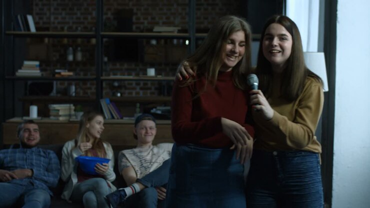 Joyful girls singing karaoke in domestic room