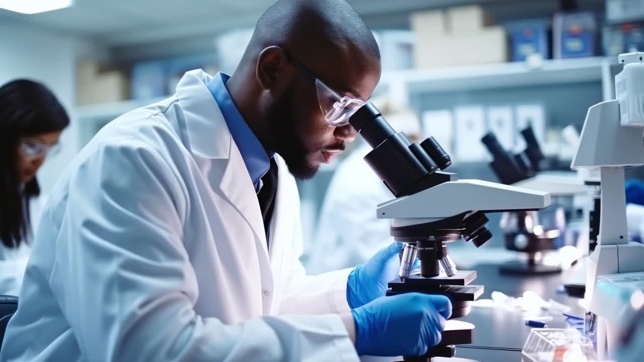 Video ravvicinato da diverse angolazioni di uno scienziato in camice da laboratorio che utilizza un microscopio, che mette in risalto la precisione