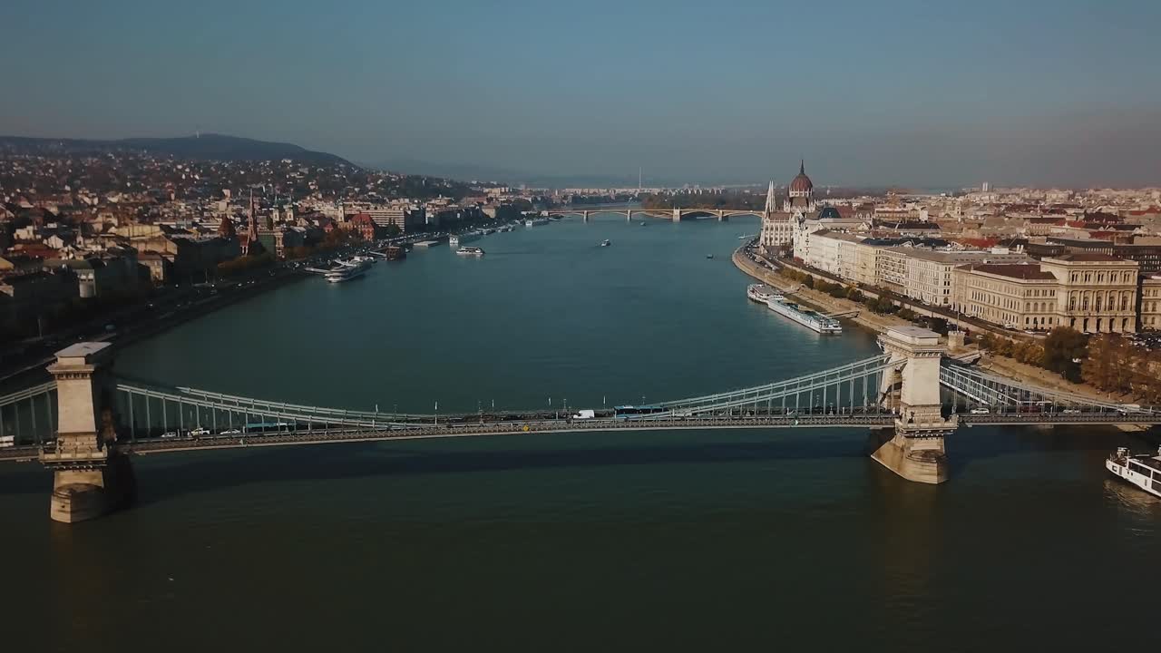 Aerial view of Budapest featuring the Chain Bridge and Hungarian Parliament Building