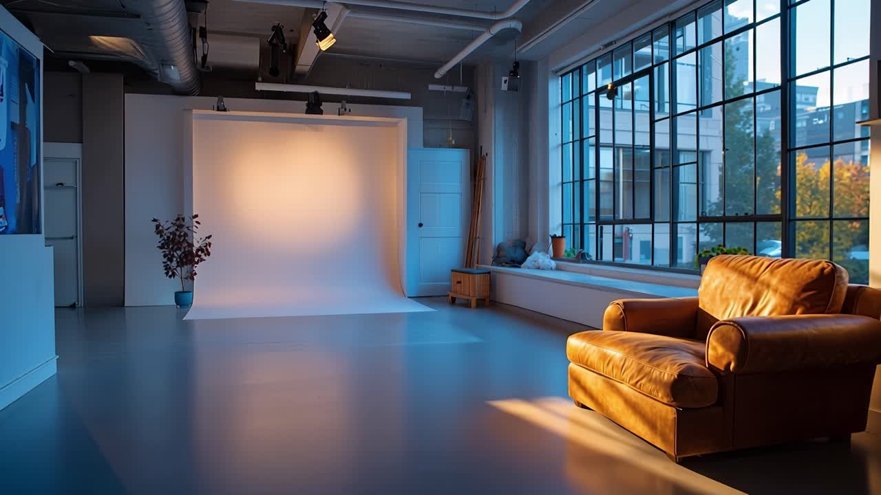 Sunlight streams through tall glass windows. Solitary armchair rests under warm, golden light. Industrial ceiling beams contrast with minimalist room