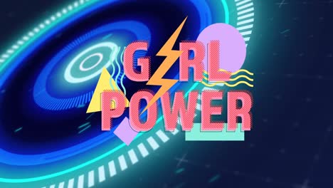 Animation-Von-Girl-Power-Text-Mit-Geometrischer-Form,-Sonne-Und-Wellen-über-Leuchtenden-Kreisen