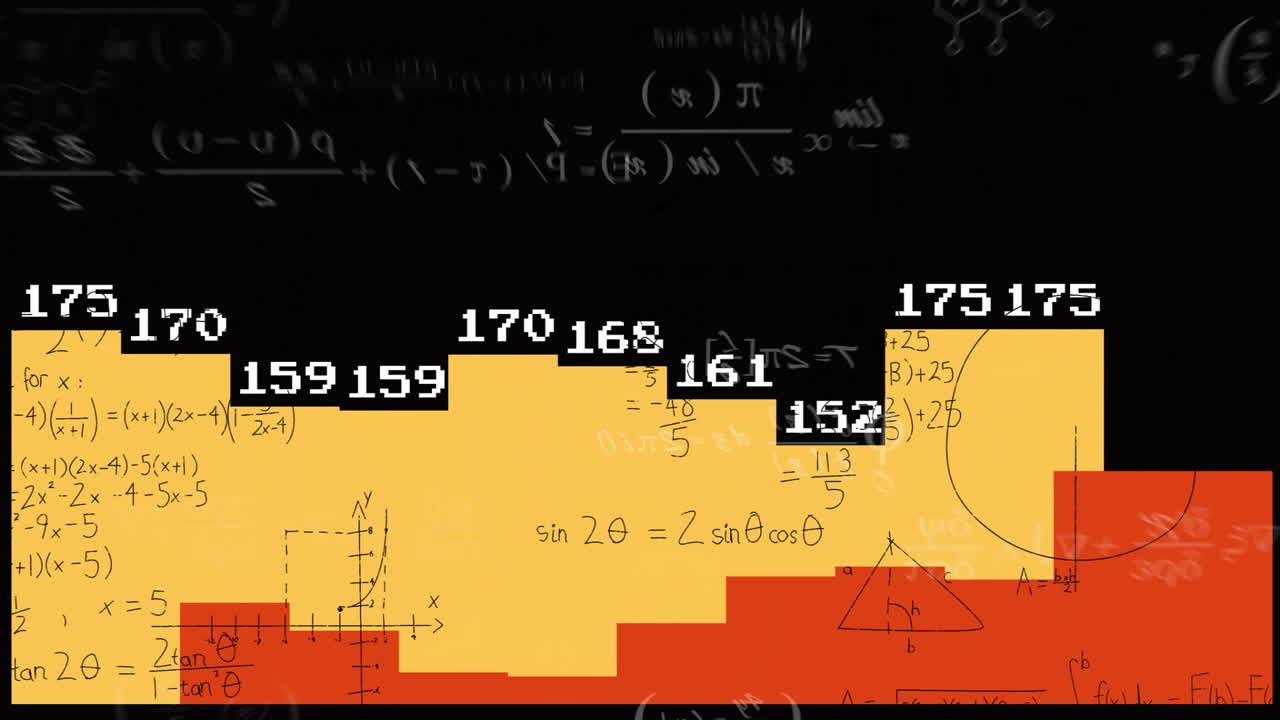 Overlaying animation of mathematical equations on abstract red and yellow blocks