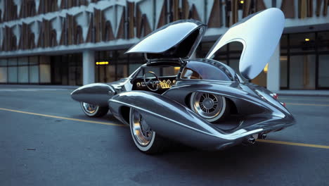 sleek futuristic concept car with open gull-wing doors on an urban street