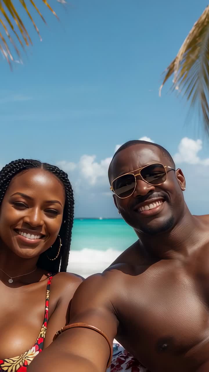 Video verticale: coppia sorridente in costume da bagno sulla spiaggia che scatta un selfie con lo smartphone
