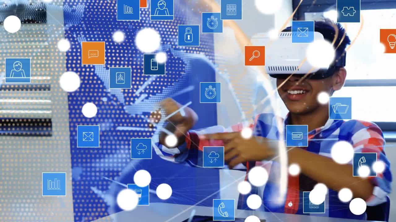 Black kid plays with virtual reality