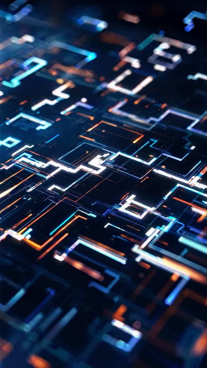 Futuristisk design af printkort med glødende linjer, fotograferet fra en top-down engel