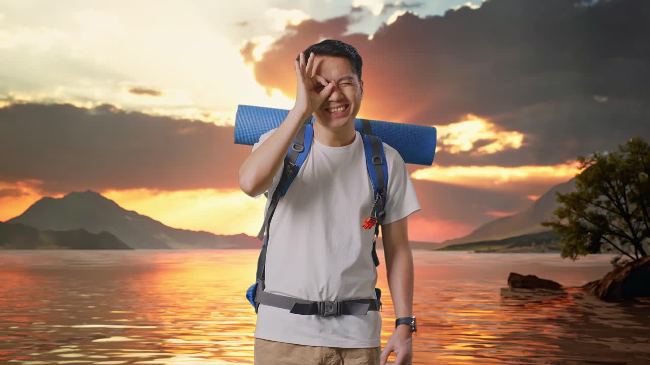 excursionista masculino asiático con mochila de montañismo sonriendo y mostrando el signo ok con los dedos sobre los ojos en un lago