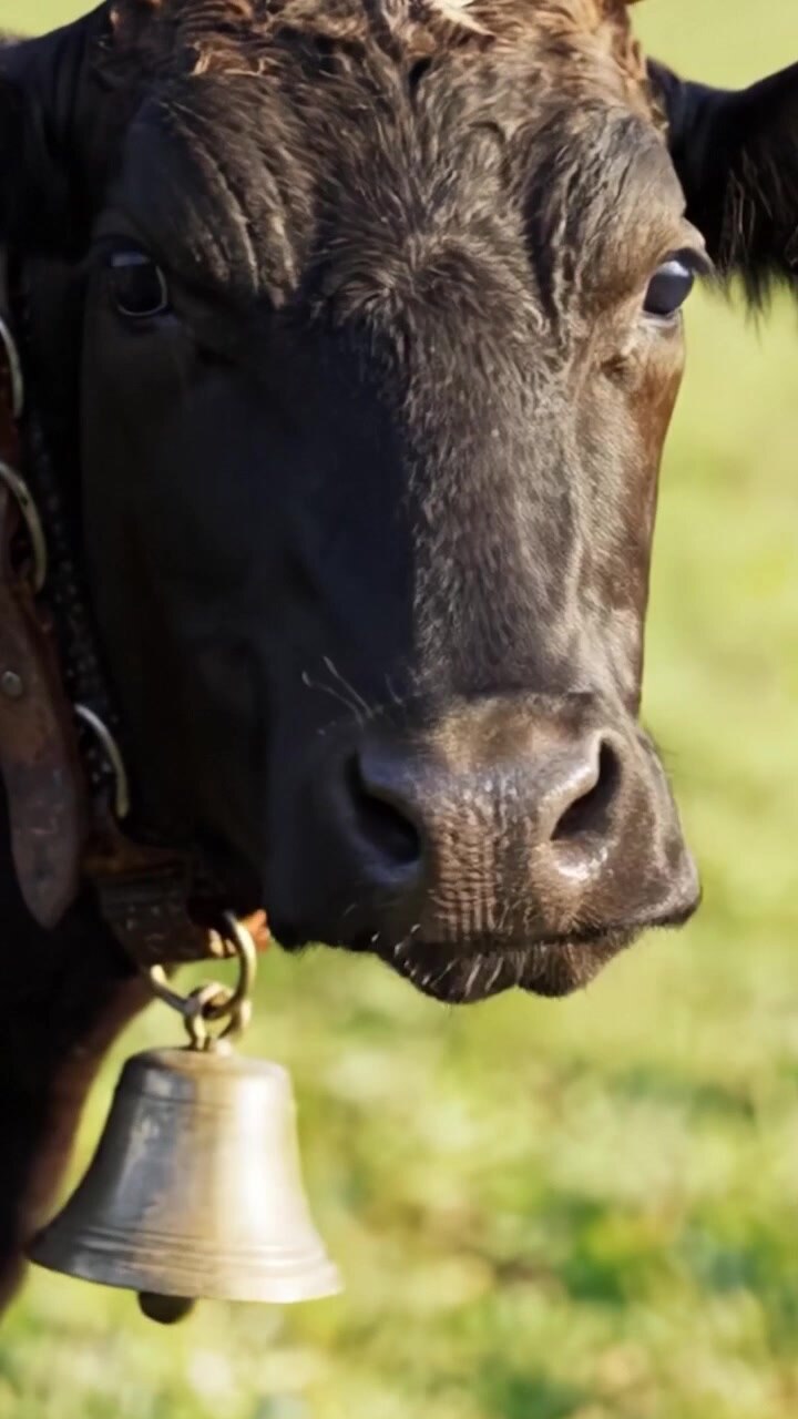 Studio in primo piano di una mucca con un campanaccio, che ne cattura l'espressione gentile e i tratti distintivi su un rigoglioso sfondo verde