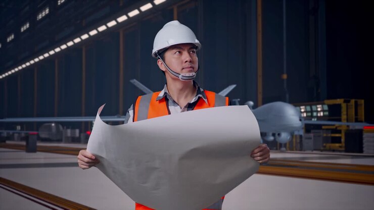 Asian Male Engineer With Safety Helmet Looking At Blueprint In His Hands And Looking Around While Standing, Modern Military Drone in Maintenance Hangar with Industrial Lighting