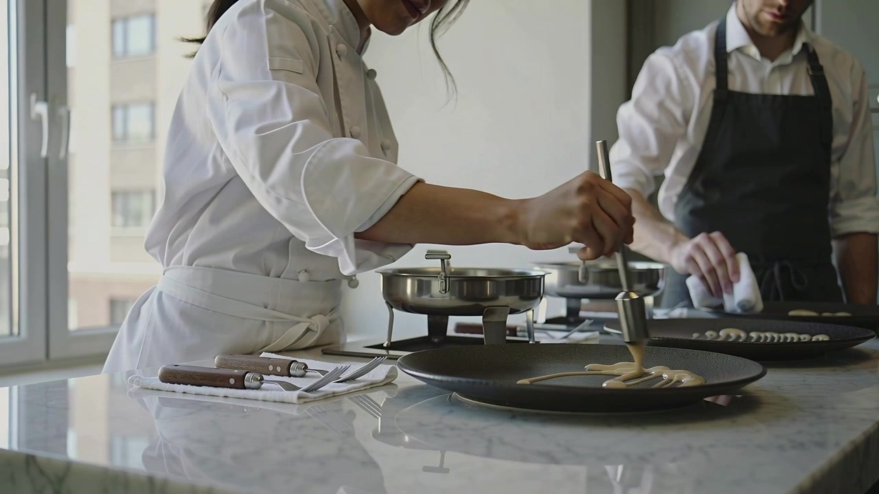 Cozinheiro pincelando e moldando massa em bancada de mármore, queimadores aquecendo panelas, colega adicionando linhas de crepe