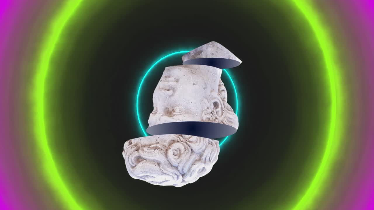animación de una antigua escultura de cabeza cortada sobre círculos de neón sobre fondo negro