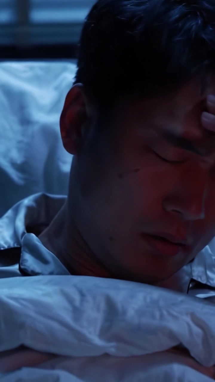 男性がベッドに横たわり、覚醒状態から深い眠りへと移行する。夜の闇の中で休息と不安の間の葛藤を体現する