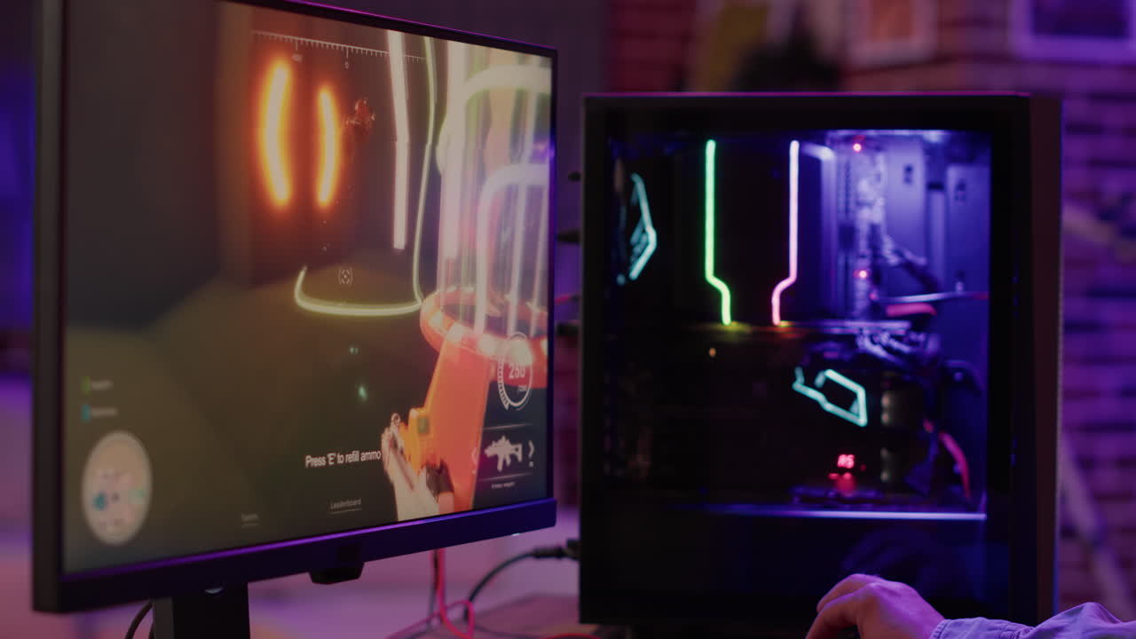 Static tripod shot of professional gaming pc setup screen streaming first person shooter online