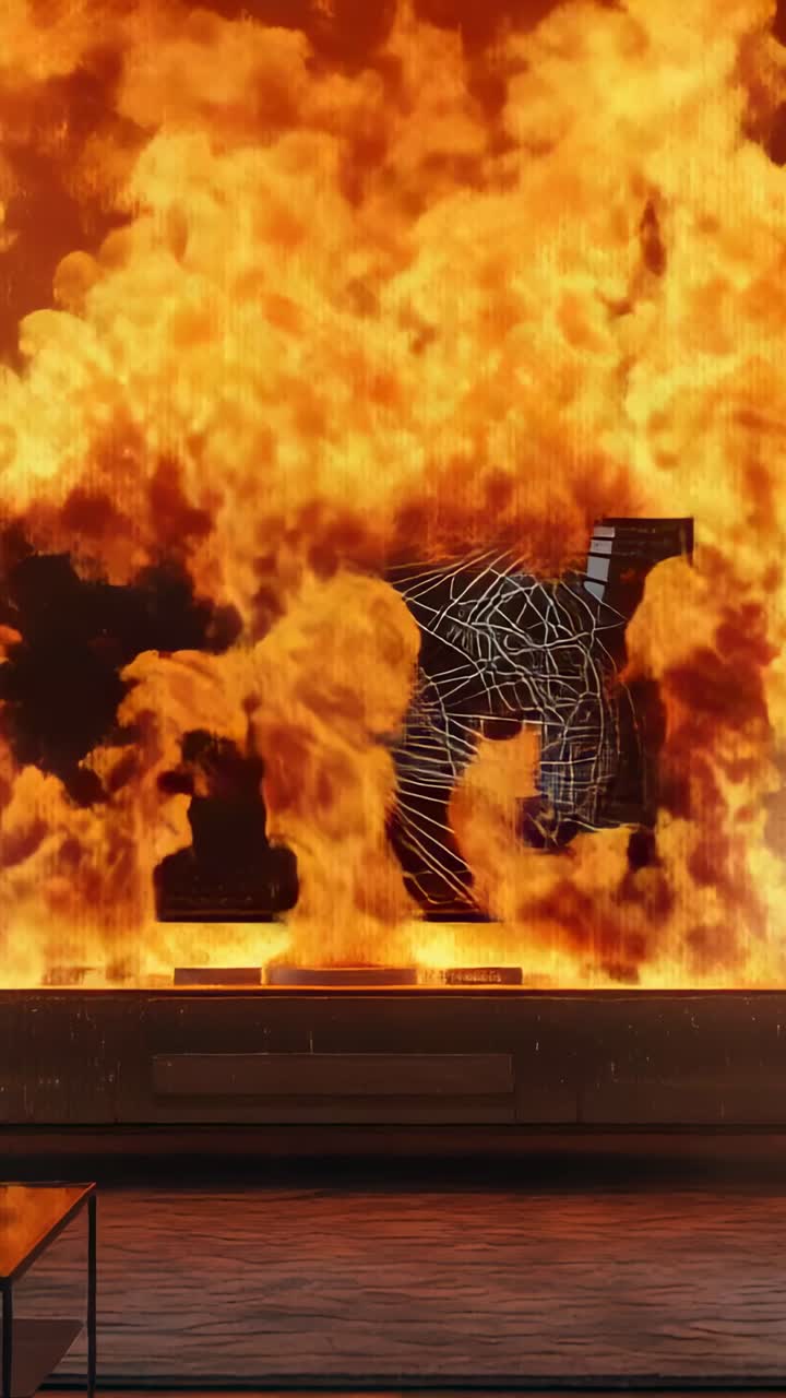 Vertical video: Erupting flames climbing digital display inside living room, engulfing wireframe